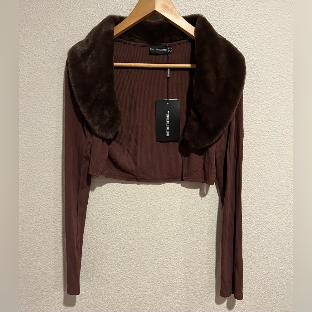 Pretty Little Thing Faux Fur Viscose Long Sleeve Cardigan Crop Top Brown S/M